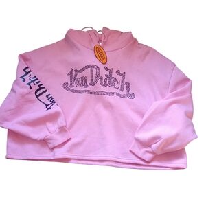 Von Dutch Pink/Black Beaded Cropped Pullover Hoodie, NWT